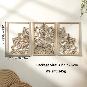 Detailed size and weight labels for these three laser-cut mandala wood leaf wall decors