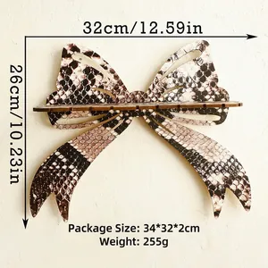 Detail view of bow-shaped wooden snake pattern wall shelf with hanging slots and dimensions