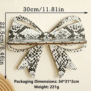 Front view of bow-shaped wooden wall shelf with snakeskin pattern and dimensions