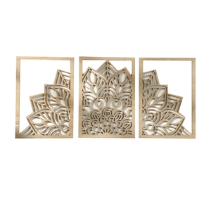 Three-piece set of wooden mandala leaf carved wall art with hollow geometric patterns