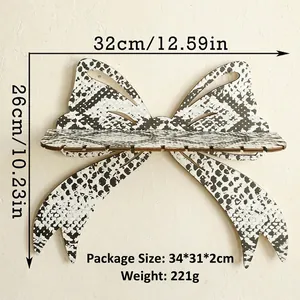 Bohemian bow-shaped wooden wall shelf with snakeskin print and dimensional size specs