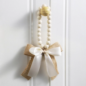 Rustic bow wooden bead hanging decor with natural jute and cream ribbon for home wall