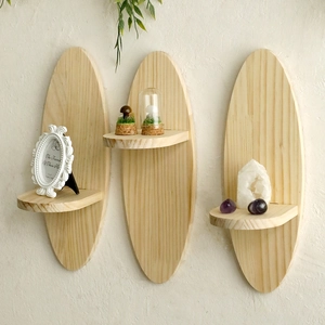 Set of 3 oval wooden wall shelves made of natural pine wood for minimalist home decor