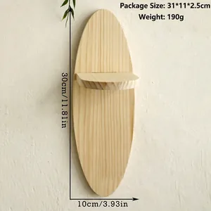 Detail view of oval wood wall shelf with dimensions 30cm height and 10cm width