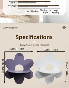 Detail of wooden flower wall shelf showing 30cm dimensions and sturdy storage capacity