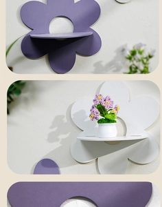 Detail of flower-shaped wall shelves in purple and white for bohemian home decor