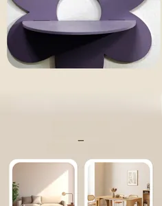 Detail of bohemian purple flower wall shelf showing storage tray and usage in home decor