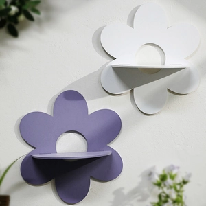 Bohemian flower shaped wooden wall shelves in purple and white for crystal display decor