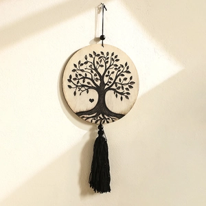 Bohemian Wooden Tree Of Life Wall Hanging Round Laser Engraved Wood Decor With Black Tassel Home Bedroom Office Decoration