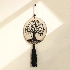 Boho Tree of Life wooden wall hanging with black tassels for home bedroom decor