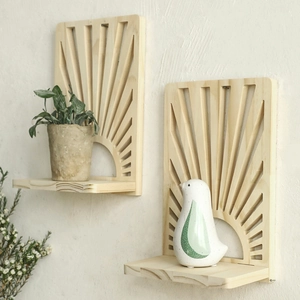 Set of two fan-shaped hollow wood floating shelves with natural pine grain for wall decor
