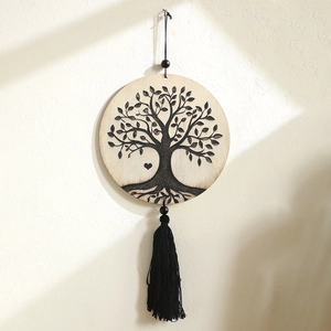 Bohemian Tree of Life wooden wall hanging with black tassels and heart symbol decor