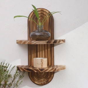 Burnt wood oval wall shelf with carved patterns and two solid wood display trays