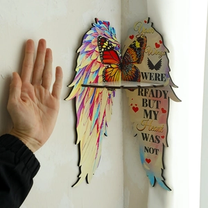 Wooden angel wing corner shelf with butterfly design and memorial quote decor