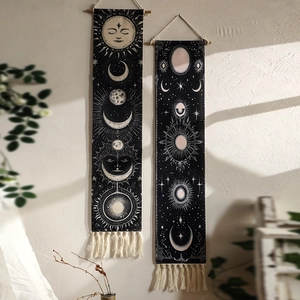 Set of 2 celestial sun and moon woven tapestries with wood rods and white tassels