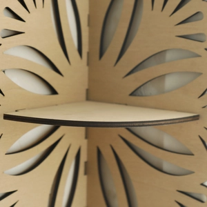 Flower shaped wooden crystal display shelf with laser cut petals and interlocking design