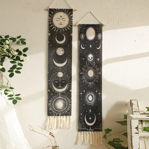 Bohemian sun and moon wall tapestry set with tassels and wooden rod decoration