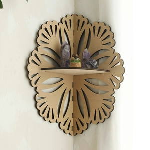 Flower shaped wooden corner shelf with mandala carvings for crystal wall decor