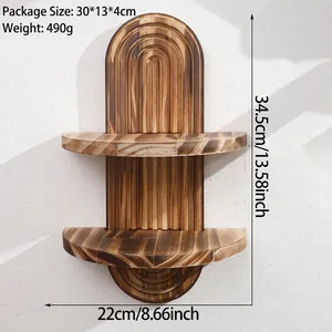 Detailed view of arch wooden wall shelf with natural grain texture and size markings