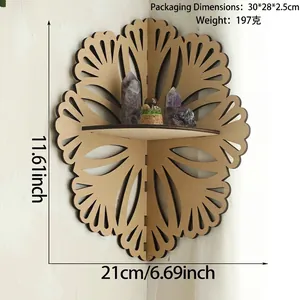 Detail of wooden flower-shaped corner shelf showing laser-cut patterns and dimensions