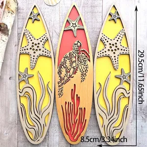 Macro detail of three surfboard-shaped wooden wall art pieces with laser-cut sea turtle motifs