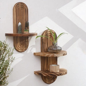 Retro Wooden Wall Floating Shelf Carbonized Arch Storage Rack Bohemian Geometric Grooves Display Organizer Home Decoration