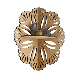 Flower shaped wooden corner crystal shelf with hollow patterns for wall home decor