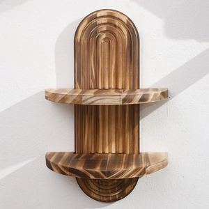 Rustic charred solid wood double-tier oval wall shelf with a minimalist bohemian aesthetic