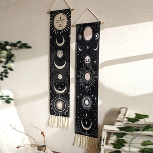 Bohemian Woven Cotton Tapestry Wall Hanging Sun Moon Phase Star Mystical Occult Home Decor Wood Pole Tassel Fringe Decor