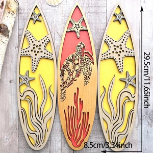 Detailed view of surfboard wall decor with sea turtle and coral wood carvings