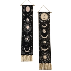 Boho sun and moon phase woven tapestry set with cream tassels for wall decor
