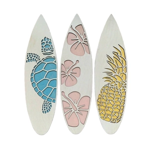Set of three wooden surfboard wall decors with turtle, flower, and pineapple carvings