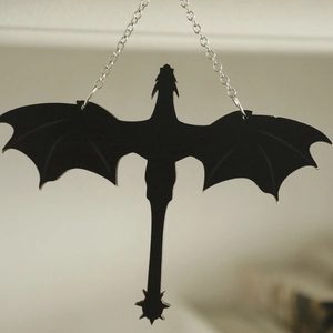 Gothic style flying dragon wood carving silhouette hanging ornament with silver chain