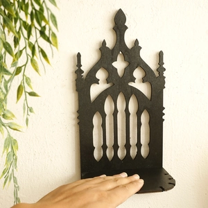 Black gothic arch throne wall shelf in minimalist wood design for home decor