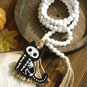 Ghirlanda Di Perline Di Legno Di Halloween Con Nappine In Juta Boho Farmhouse Perline Decorative Fantasma Gatto Scheletro Decor