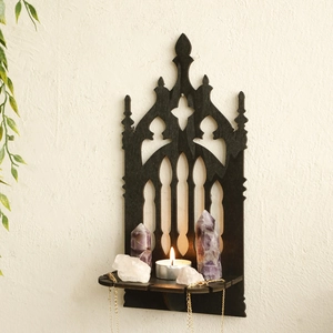 Gothic black wood throne wall shelf with arched cathedral design for home decor display