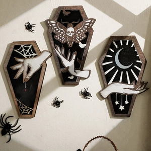 Set of 3 gothic wooden coffin wall art featuring moth, moon, and spider web designs