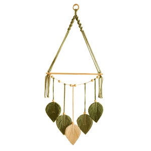 Bohemian handmade woven wall hanging planter shelf with leaf tassel and wooden bead accents