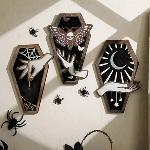 Gothic wooden coffin wall decor set with spider web, moth and crescent moon designs