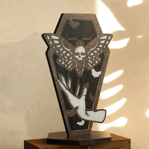 Gothic coffin wooden desktop decor with skull moth and skeletal hand design in walnut finish