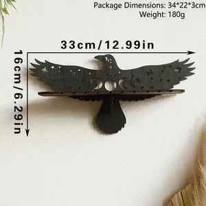 Detail view of eagle shaped wooden crystal shelf with moon carvings and dimensions