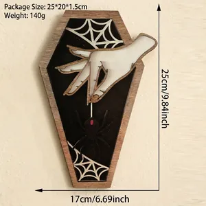 Detailed view of coffin shaped gothic wall decor with laser cut spider and web design