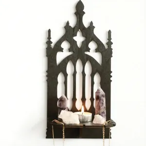 Black gothic throne wall shelf with arched cathedral design for home decor