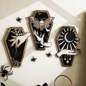 Gothic Coffin Wooden Wall Decor Halloween Hanging Ornament Dark Aesthetic Skull Moth Spider Web Mysterious Home Decoration