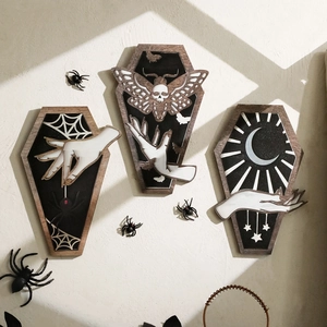 Three-piece gothic coffin wall decor set with moth spider and moon wood art prints
