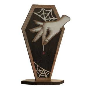 Gothic coffin-shaped wooden Halloween desk ornament with spider web and hand carving
