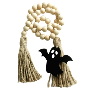 Fermatende in perline di legno per Halloween con ciondolo fantasma e nappe rustiche
