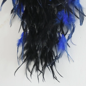 Detailed view of layered black and royal blue feathers with beads for dreamcatcher decor