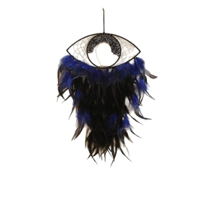 Evil Eye Dream Catcher with blue feathers and beads for bohemian wall decor