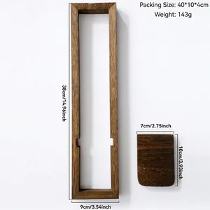 Detailed view of dark brown wood shelf components with natural texture and dimensions